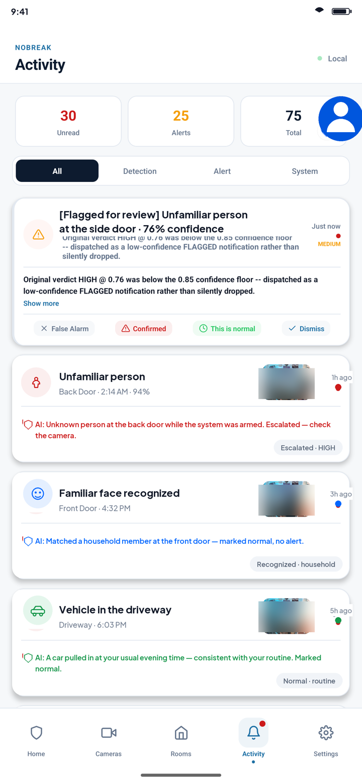 NoBreak app — AI activity feed