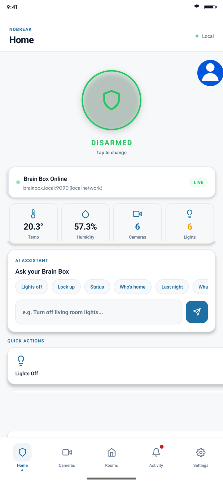 NoBreak app — Home dashboard with arm state and AI assistant