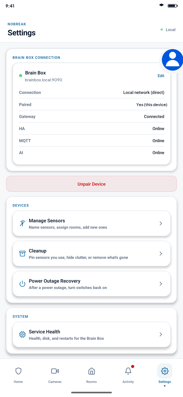 NoBreak app — pairing and settings